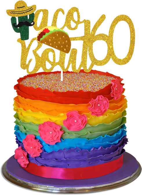 Taco Bout 60 Birthday Cake Topper, Fiesta 60th Birthday Party Glitter Decoration, Fabulous Sixty, Mexican Summer