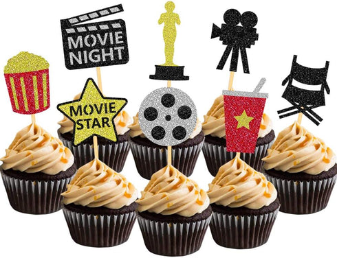 Theater Cupcake Toppers - Cake Decoration for Birthday Movie Night Party Supplies, Set of 24