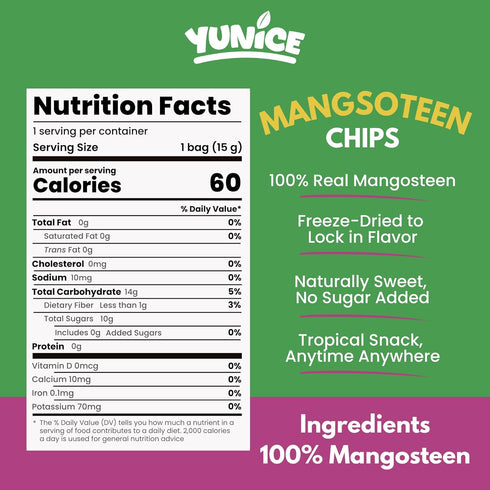 100% 0.53 oz (Pack 12) YUNiCE mangosteen Chips, freeze dried mangosteen Fruit Snack, Real Fruit, No Sugar Added, Vegan