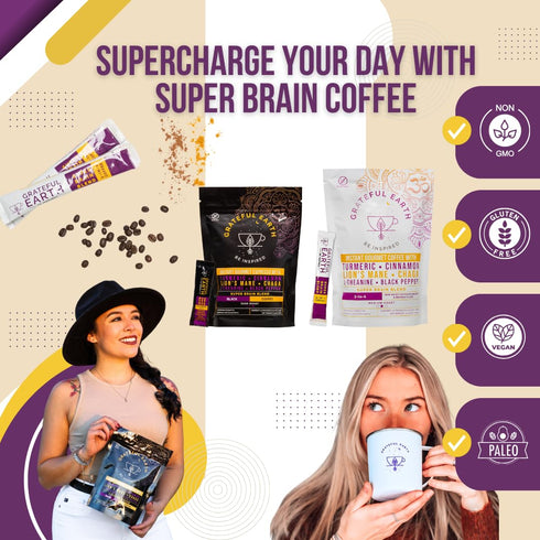 Immune 20 Packets Grateful Earth Mushroom Coffee, Coconut Instant Coffee with Lions Mane Mushrooms, Chaga, Turmeric