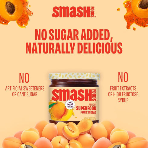6 8 oz Smash Foods Apricot Jam Superfood Spread Jars with No Added Sugar Made with Chia Seeds Dates and Upcycled Fruit