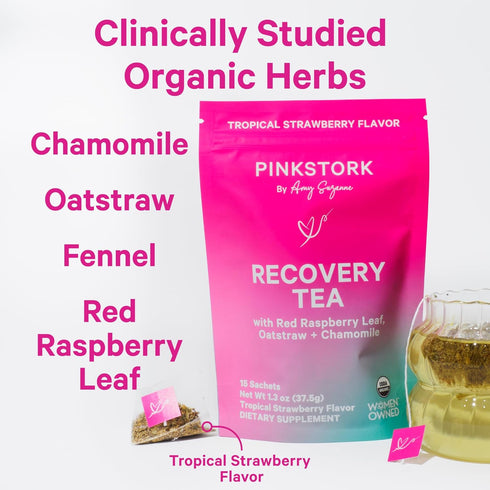 Pink Stork Organic Postpartum Recovery Herbal Tea, Caffeine-Free Red Raspberry Leaf with Chamomile, 15 Sachets,