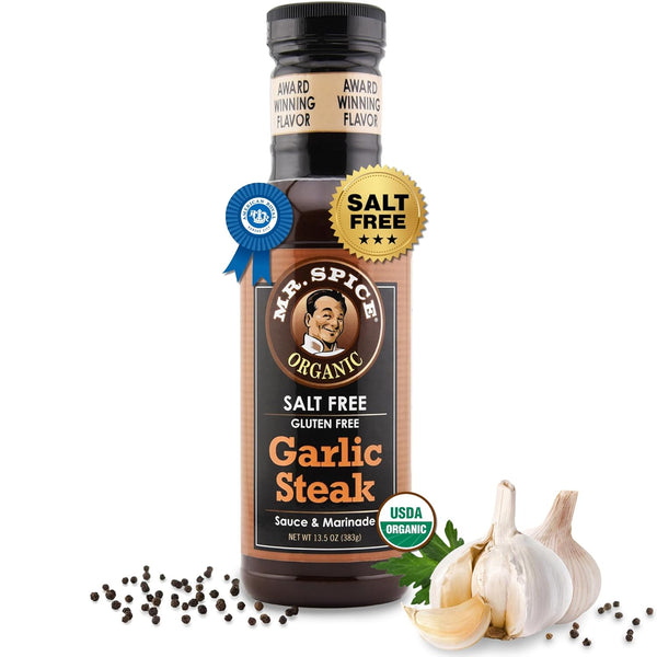 Mr. Spice Organic Garlic Steak Sauce, Salt Free Steak Sauce and Marinade,