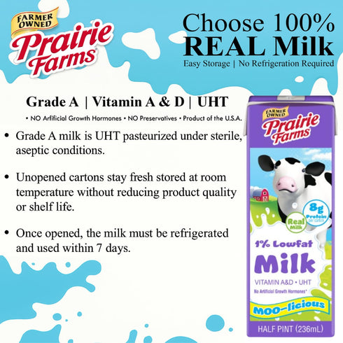 Prairie Farms Dairy 1% 8 oz. (27 Pack) Prairie Farms Percent Milk, Shelf Stable Low Fat Milk, Boxed & Ultra Pasteurized