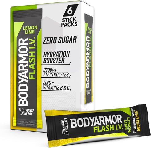 BODYARMOR Flash IV Electrolyte Packets, Lemon Lime - Zero Sugar Drink Mix,