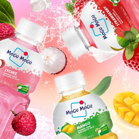 Pack 6 Pack 10.82 oz Mogu Mogu Variety Juice Drink with Nata de Coco (Coconut Jelly) Lychee, Strawberry & Mango, Chewy