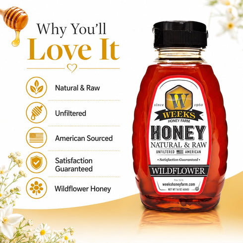16 oz Weeks Honey Farm Wildflower Honey Raw & Unfiltered, Pure Natural Honey, Rich Floral Flavor, USA Harvest, Squeeze