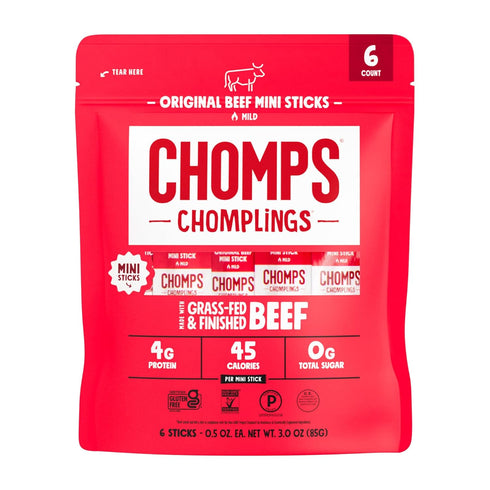 Chomps Mini Grass Fed Beef Jerky Meat Snack Sticks 0.5 Oz, Original