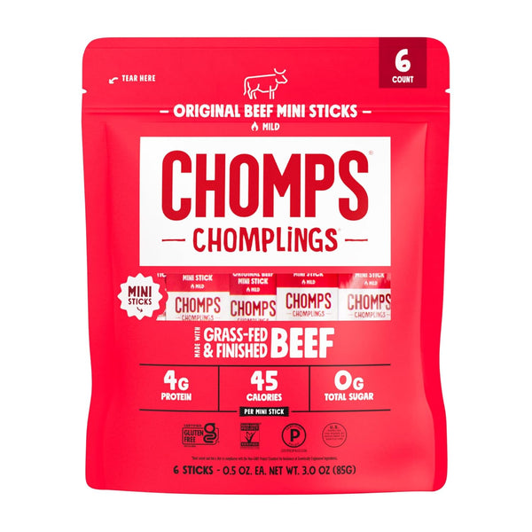 Chomps Mini Grass Fed Beef Jerky Meat Snack Sticks 0.5 Oz, Original