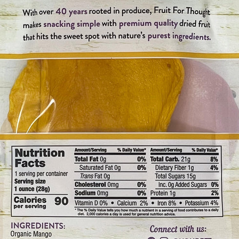 Packs 1 Pack 12 Fruit for Thought Organic Dried Mango | Dried Fruit Snack Ideal for the Family | No Sugar Added | At