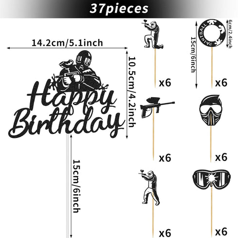 Jetec 37 Pieces Paintball Cake Toppers Birthday Party Supplies, Glitter Silhouette Handmade Decorations for Cupcake