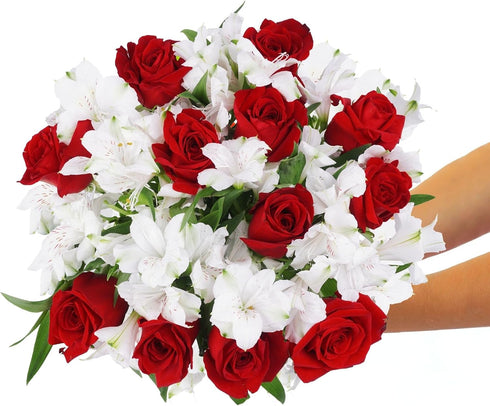 BloomsyBox Forever Blooming Bouquet Fresh Red Roses & White Alstroemeria (Glass Vase Included) Fresh Flowers