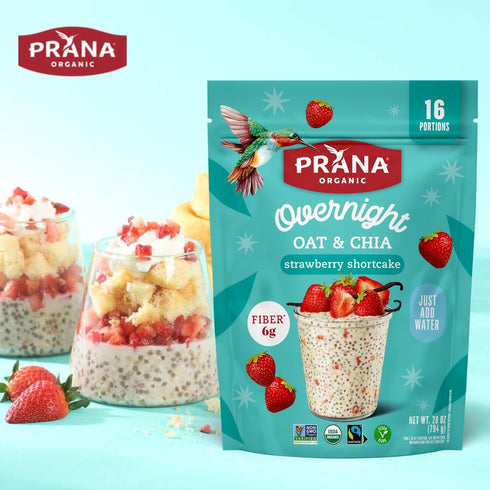 28 oz 2 Pack Prana Organic Overnight Chia with Oats Strawberry Shortcake | Bags - | Rich in Fiber & Protein, Vegan