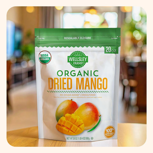 Wellsley Farms 20oz Pack Organic Dried Mango - Vegan Friendly & Low Sodium Dried Fruit - No Added Sugar, Preservatives