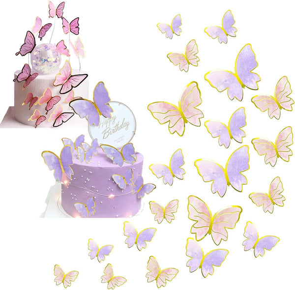 20PCS Gold Pink Purple Butterfly Cupcake Toppers, Handmade Cake Decorations for Girls Baby Shower Party Decor