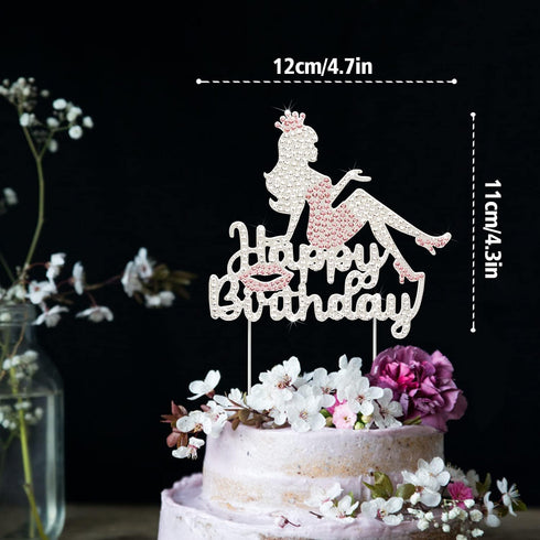 LINGTEER Happy Birthday Crown Queen Lady Rhinestone Cake Topper - Pink Cake Centerpieces Decorations Gift Sign for