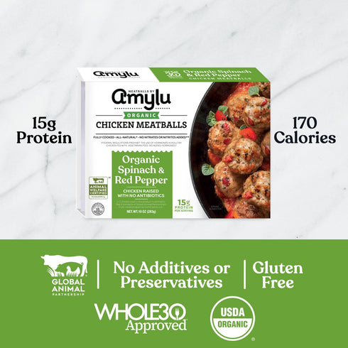 15g 10 oz Amylu Foods Organic Spinach & Red Pepper Chicken Meatballs, Natural Ingredients, of Protein, Chicken Raised