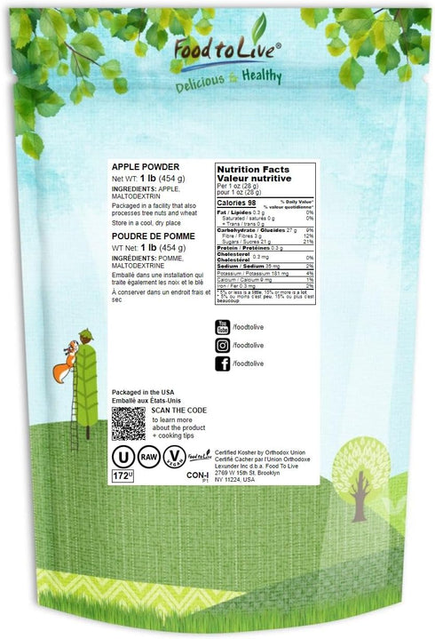 1 Food to Live Apple Juice Powder, Pound - Unsulfured, Made from Raw Dried Fruit, Vegan, Bulk, Great for Juices