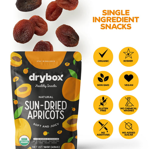 1 lb pack 1 Pack Drybox Unsulfured Organic Sun Dried Turkish Apricots, Unsweetened No Sugar Added, Non-GMO Dried