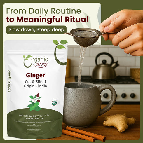 100% (1LB -16Oz) Organic Way Ginger Root Cut & Sifted (Zingiber officinale) - Herbal Tea | Kosher & USDA Certified |