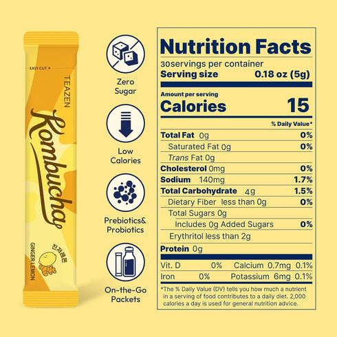 30 5.29oz TEAZEN Lemon Ginger Hot Kombucha Tea, Live Probiotics & Postbiotics, Relaxation and Warmth for Colds and Sore