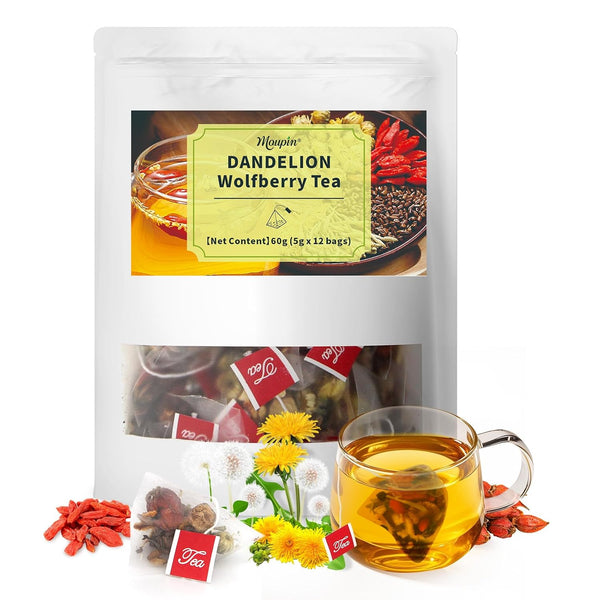 MQUPIN 12Pcs Dandelion Wolfberry Tea-10 Herbal Ingredients Blend, 5g/Bag,Kidney& Liver Health Tea,Goji