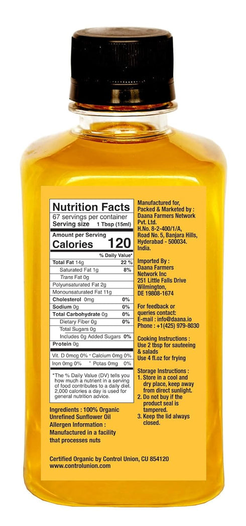 (12 oz) Daana Sunflower Oil: Certified USDA Organic, Extra Virgin, Cold Pressed, High Oleic, Non-GMO. Healthy Oil