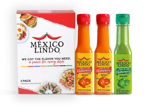 Mexico Lindo Hot Sauce Variety Pack Display with 2 Red Habanero, 1