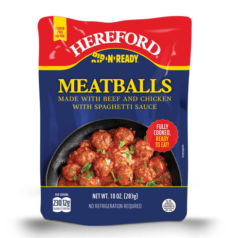 12g 10oz 12) Hereford Meatballs with Spaghetti Sauce | Shelf Stable | Fully Cooked | Ready to Eat | Protein per Serving