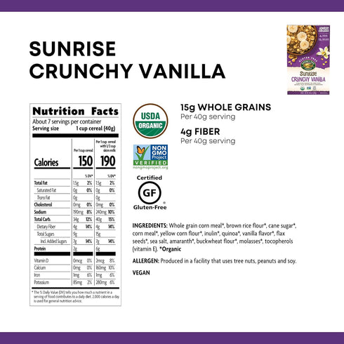 10.6 (Pack 4), 15g 4g Nature's Path Organic Gluten Free Sunrise Crunchy Vanilla Cereal, Ounce of Non-GMO, Whole Grains