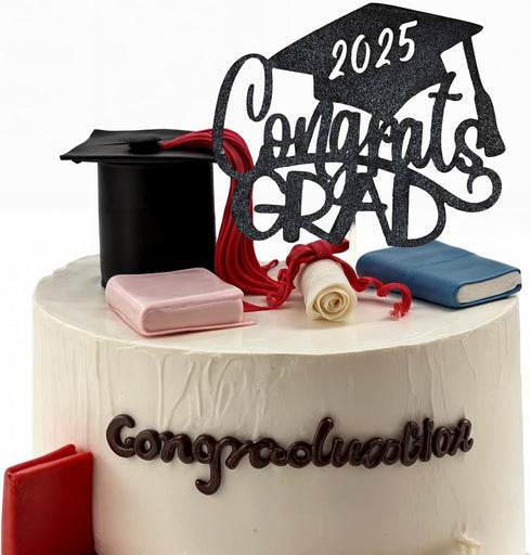 Congrats Grad Cake Topper - Black Glitter 2025 with Graduation Cap - 2025 Graduation Party Decorations