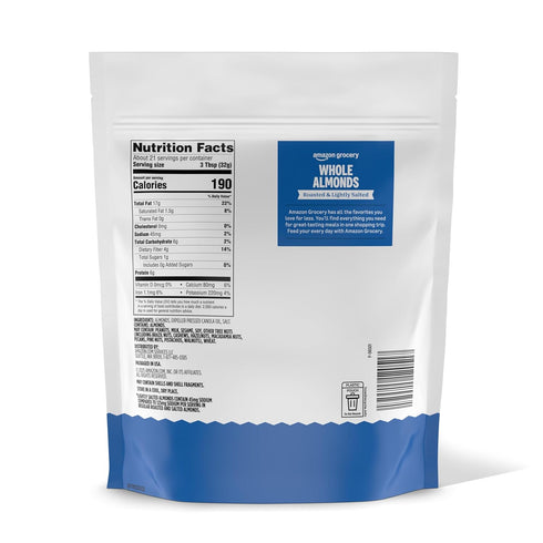 24 Oz Packaging Amazon Grocery, Whole Almonds, Roasted & Lightly Salted, (Previously Happy Belly, May Vary)
