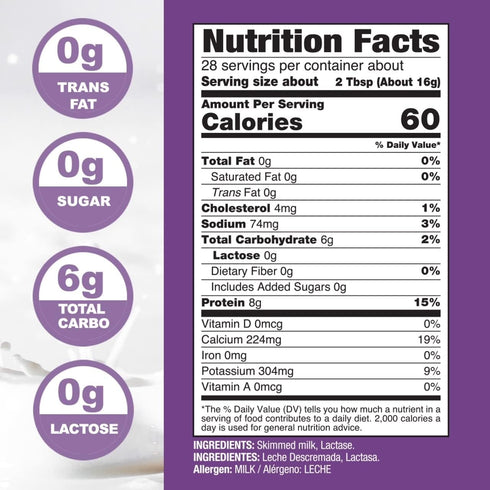 16oz (1 Pack) Nonfat Dry Milk Powder for Baking & Coffee - Fat Free & Lactose Free Powder for Adults, Non-GMO, rBST