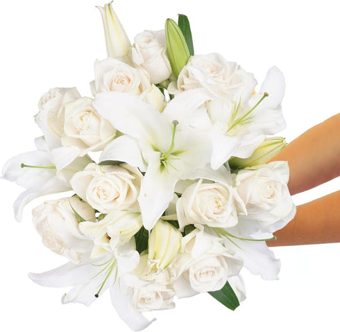BloomsyBox Elegant White Lilies & Roses (Glass Vase Included) Fresh Flowers for Delivery Birthday Flowers - Send