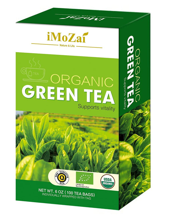 Imozai Organic Green Tea Bags, 100 Count Individually Wrapped