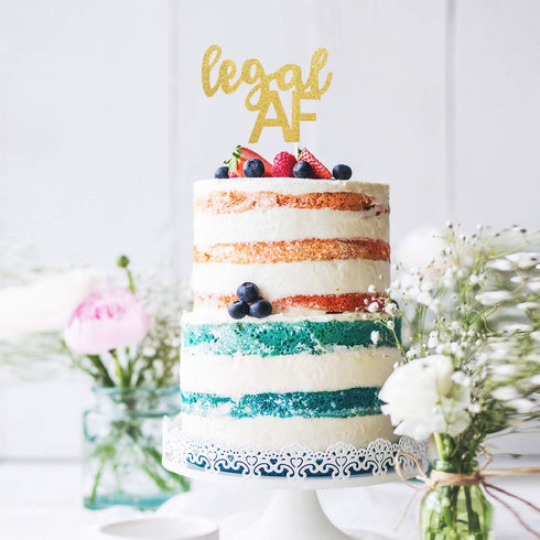 Legal AF Birthday Cake Topper for 18th, 19th, 21st Birthday Party Decorations, Double Sided Gold Glitter