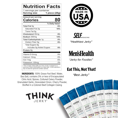 1.0 oz 10 Pack Think Jerky Original Beef Sticks, Gluten and Sugar Free, No Nitrates, Keto Paleo Friendly High Protein