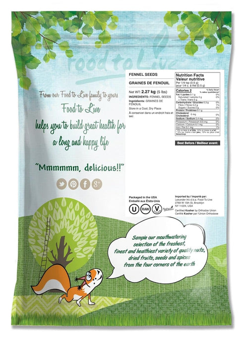 5 Food to Live Fennel Seeds, Pounds Whole, Raw, Non-Irradiated, Non-GMO, Kosher, Vegan, Bulk, Sweet Licorice Flavor