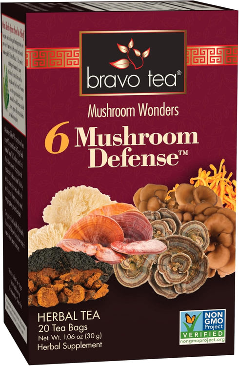 Bravo Tea 6 Mushroom Defense Herbal Tea, Caffeine Free 20 Tea Bags,