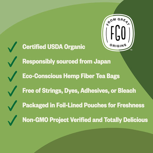 100 Count, Packaging (Pack 1) FGO Organic Japanese Matcha + Green Tea, Eco-Conscious Tea Bags, Resealable Bag, May Vary