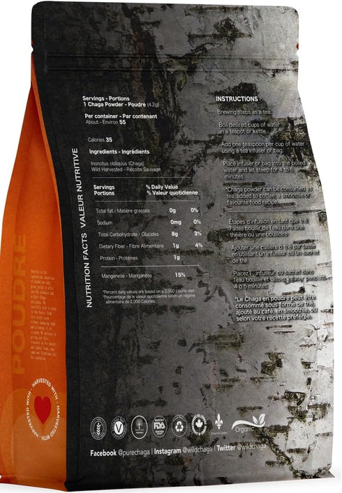 8 oz 100% Premium Organic Chaga Mushroom Powder - of Authentic Wild Harvested Canadian Chaga Tea