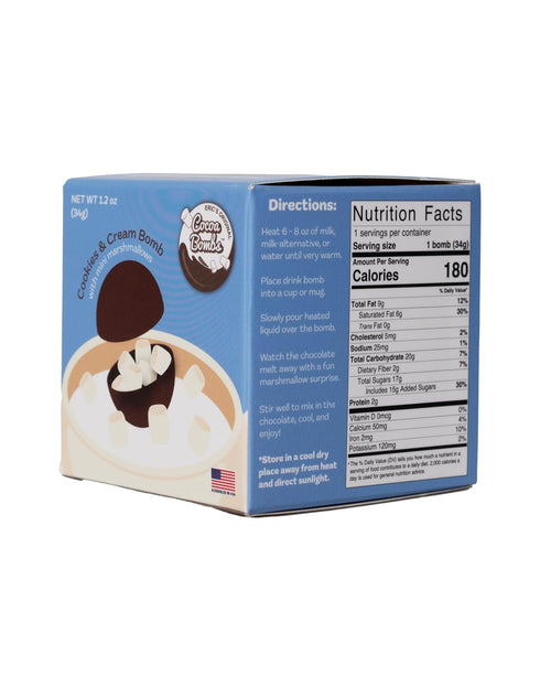 COCOA BOMBS 1 PACK U.S. MADE COOKIES AND CREAM HOT COCOA BALL W/MINI WHITE MARSHMALLOWS
