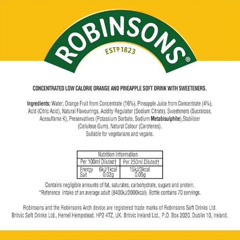Robinsons 1750Ml Double Strength Orange & Pineapple Fruit Squash No Added Sugar
