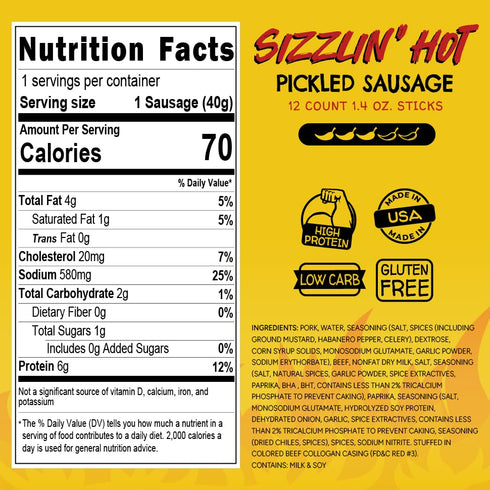 12 Pack Long John Snacks Sizzlin' Hot Pickled Sausage - Smoked Gourmet Meat Stick - Hot Pickled Sausages High Protein