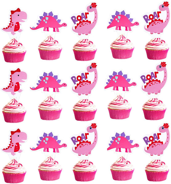 48pcs Pink Dinosaur Cupcake Toppers - Baby Shower Birthday Decorations for Girl Dinosaur Party Supplies Dinosaur Cake