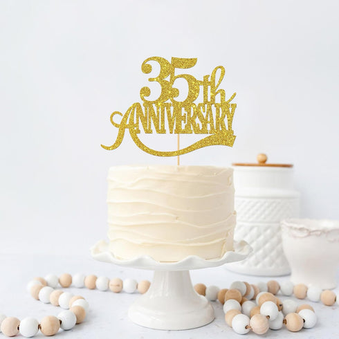 Gold Glitter 35th Anniversary Cake Topper for Happy 35th Wedding Anniversary / Birthday Party Decorations