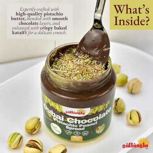 7 oz (200g) Gulluoglu Dubai Chocolate Pistachio Peanut Spread Rich & Creamy Middle Eastern Chocolate Paste with Roasted