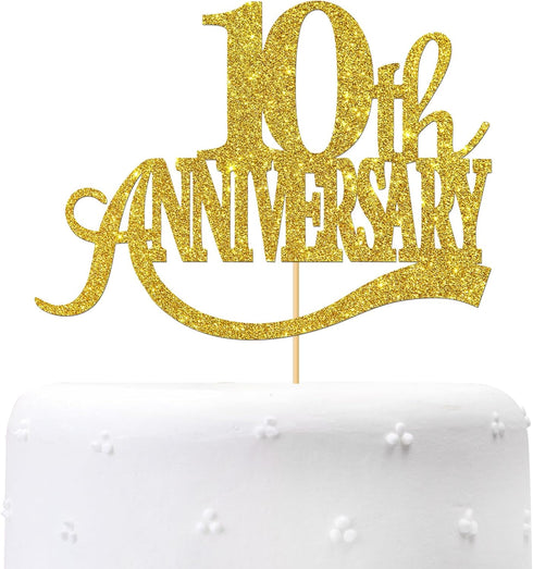 Gold Glitter 10th Anniversary Cake Topper - Happy 10th Wedding Anniversary / Birthday Party Decorations