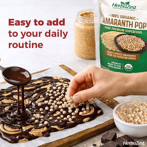 8 oz HerbaZest Organic Amaranth Pop Nutritious Ancient Grain Ready to Eat Superfood USDA Certified, Gluten-Free, Vegan