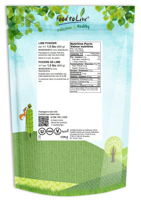 1.5 Lime Juice Powder, Pounds - Unsulfured, Made from Raw Dried Citrus Fruit, Vegan, Bulk, Great for Juices, Smoothies